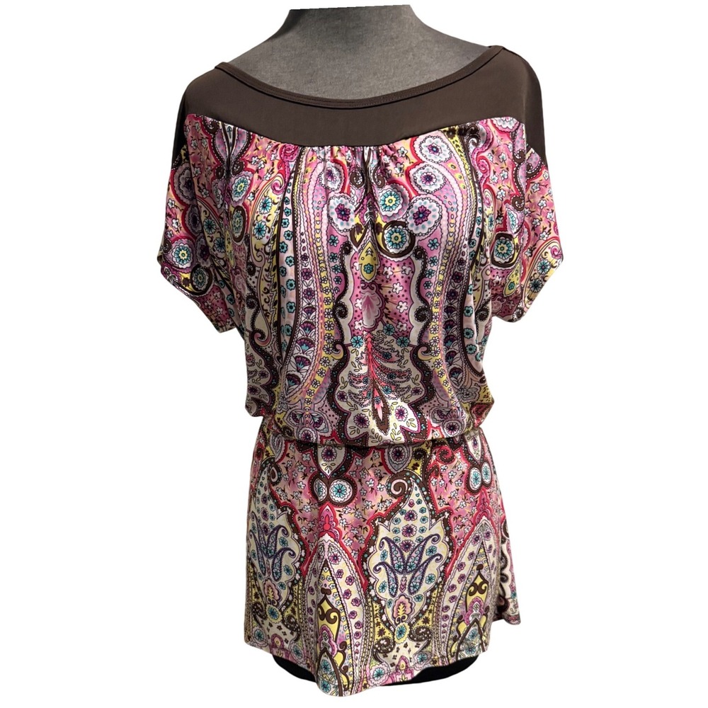 Sixteen‎ Stretch Pink Paisley Boho Tunic Top Brown Trim Short Sleeve Blouse L